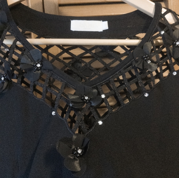 Red Coral Silk Blend Black Top with 3D Floral Details and Net - Picture 2 of 6